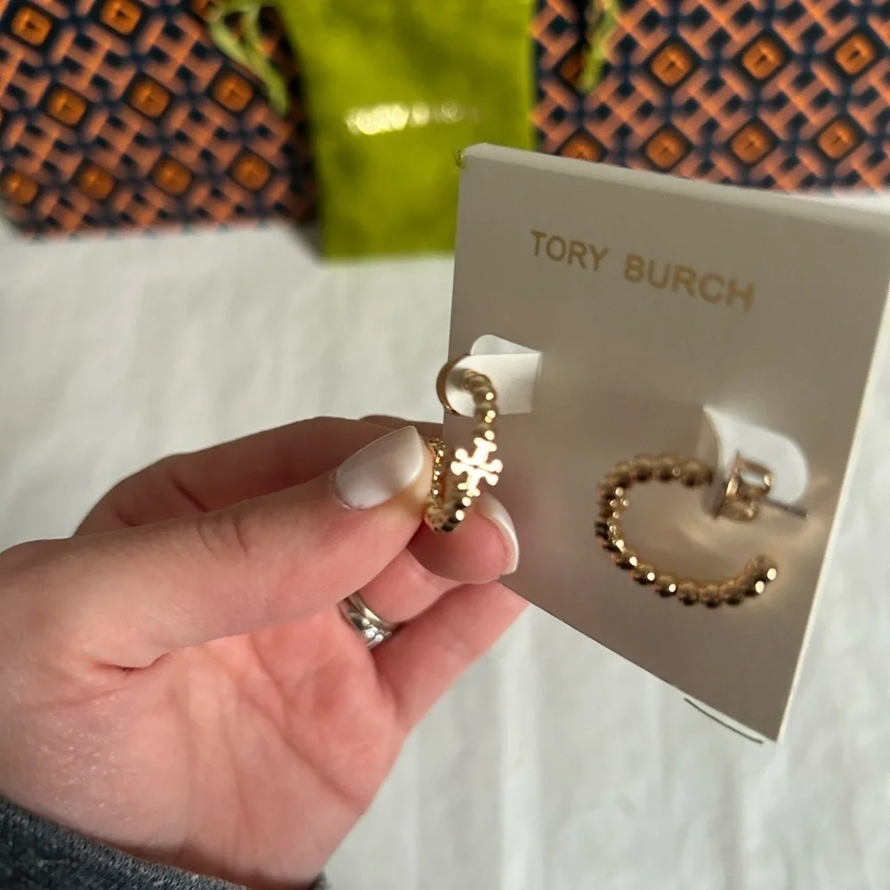 Tory Burch Beaded Small Hoop Earrings Huggie Earrings Gold